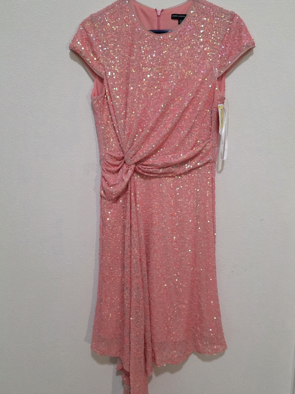 Maggy London Coral Pink Sequin Knot-Front Cocktail Dress